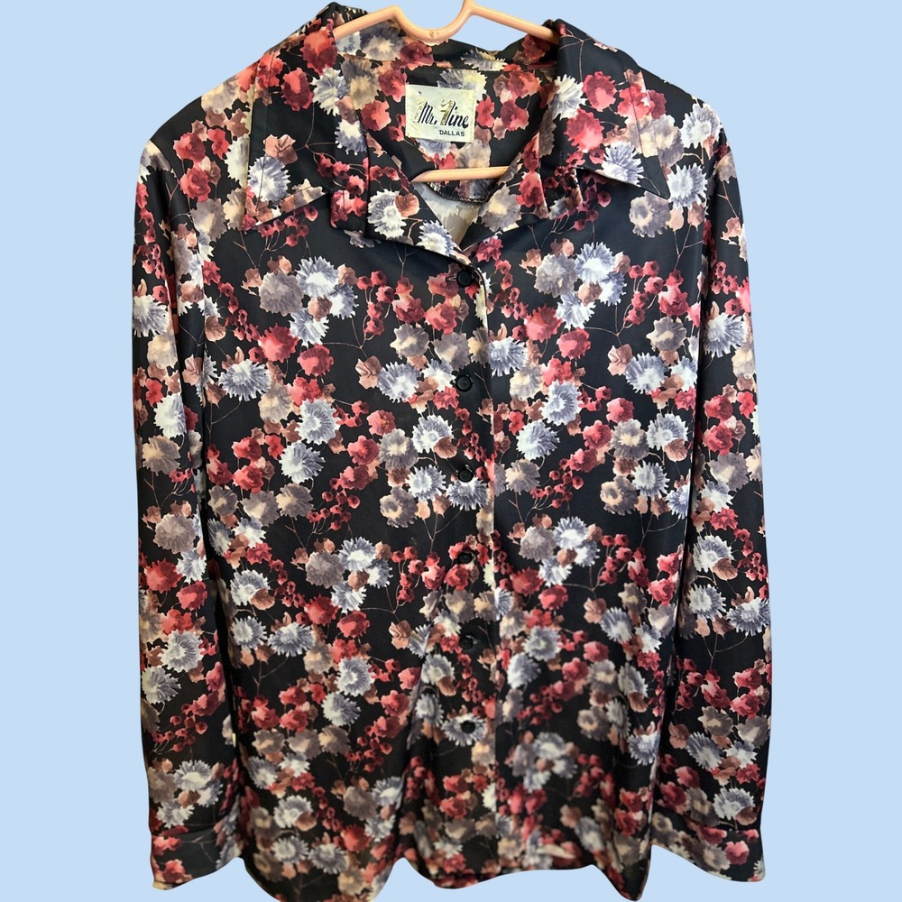 Mr. Fine Blouse Women Medium Black Floral Button Down Vintage Long Sleeve Tie